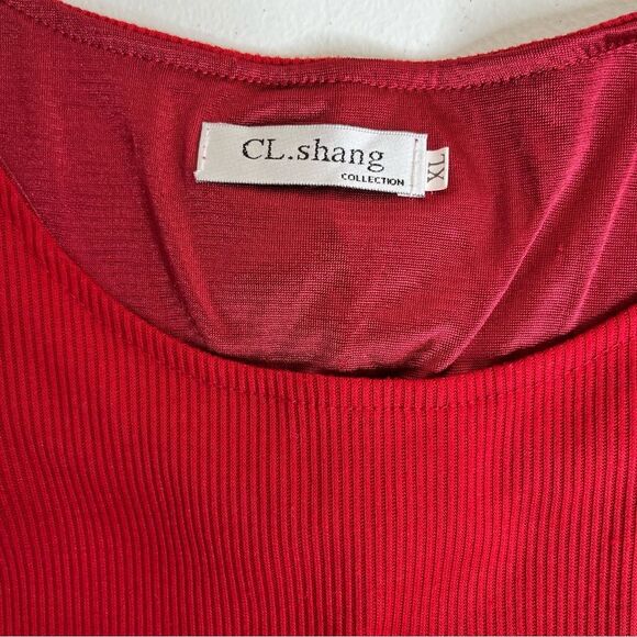 CL Shang Collection Red Rib Knit Chiffon Bow Back Ruffle Tiered Dress Women XL - Picture 10 of 14